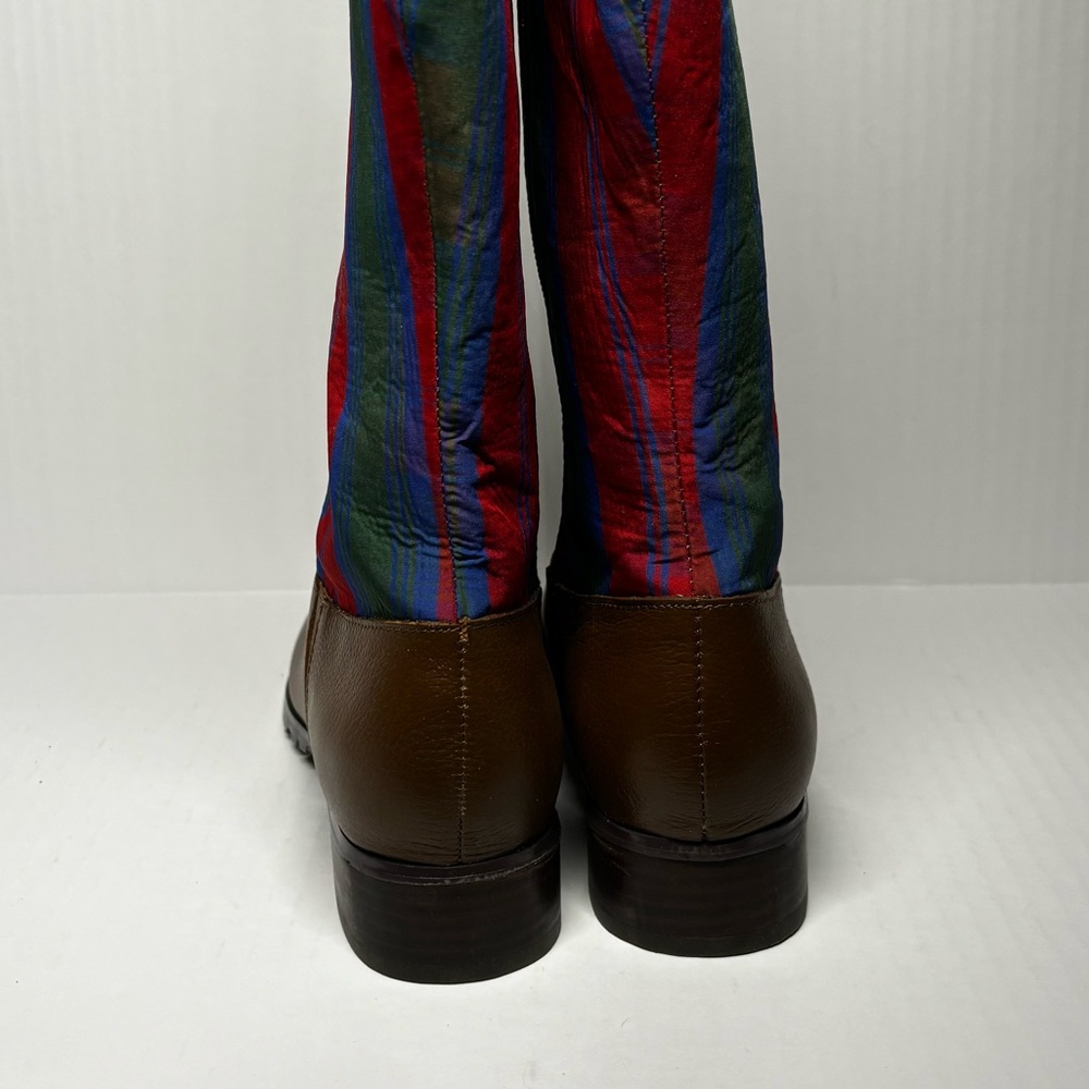 Jeffery Banks - Brown Leather Knee-High Boots with Red & Green Plaid Shaft - Picture 4 of 6